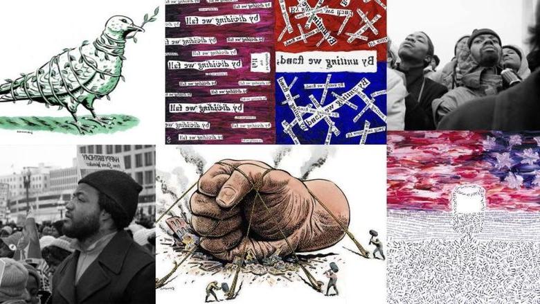 a collage of images from an art gallery about liberty and justice 